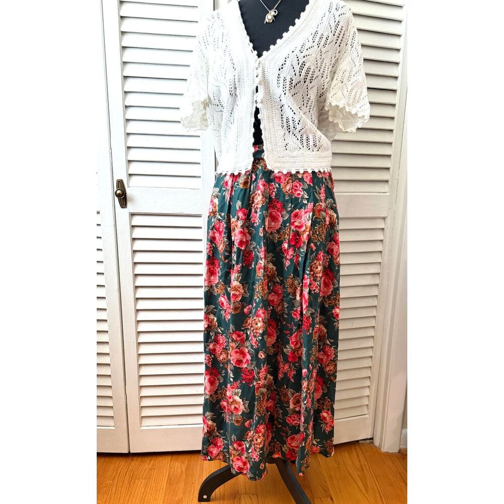 Vintage Boho Cottagecore Floral Maxi Midi Skirt Size 14 Pockets Made in USA